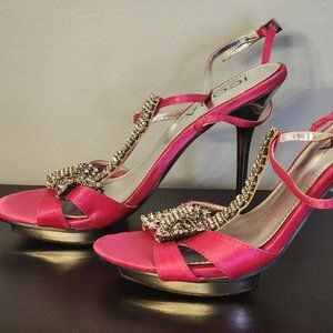 CORA Rhinestones Pink/ Silver Fabric Open Toe Platform Stiletto Heels Size 6